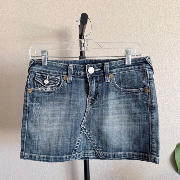 Vigoss Dresses & Skirts - Vigoss Womens Denim Low Rise Mini Jean Skirt Size 3 Blue Distressed Y2K